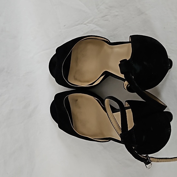 Ann Taylor Dagny Black Suede Peeptoe Ankle Strap Wedge Sandal Size 10 - Picture 9 of 10